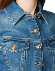 GIUBBINO DONNA ELISABETTA FRANCHI IN DENIM CON EFFETTO VINTAGE, BOTTONI ORO LOGATI E IMPUNTURE TABACCO