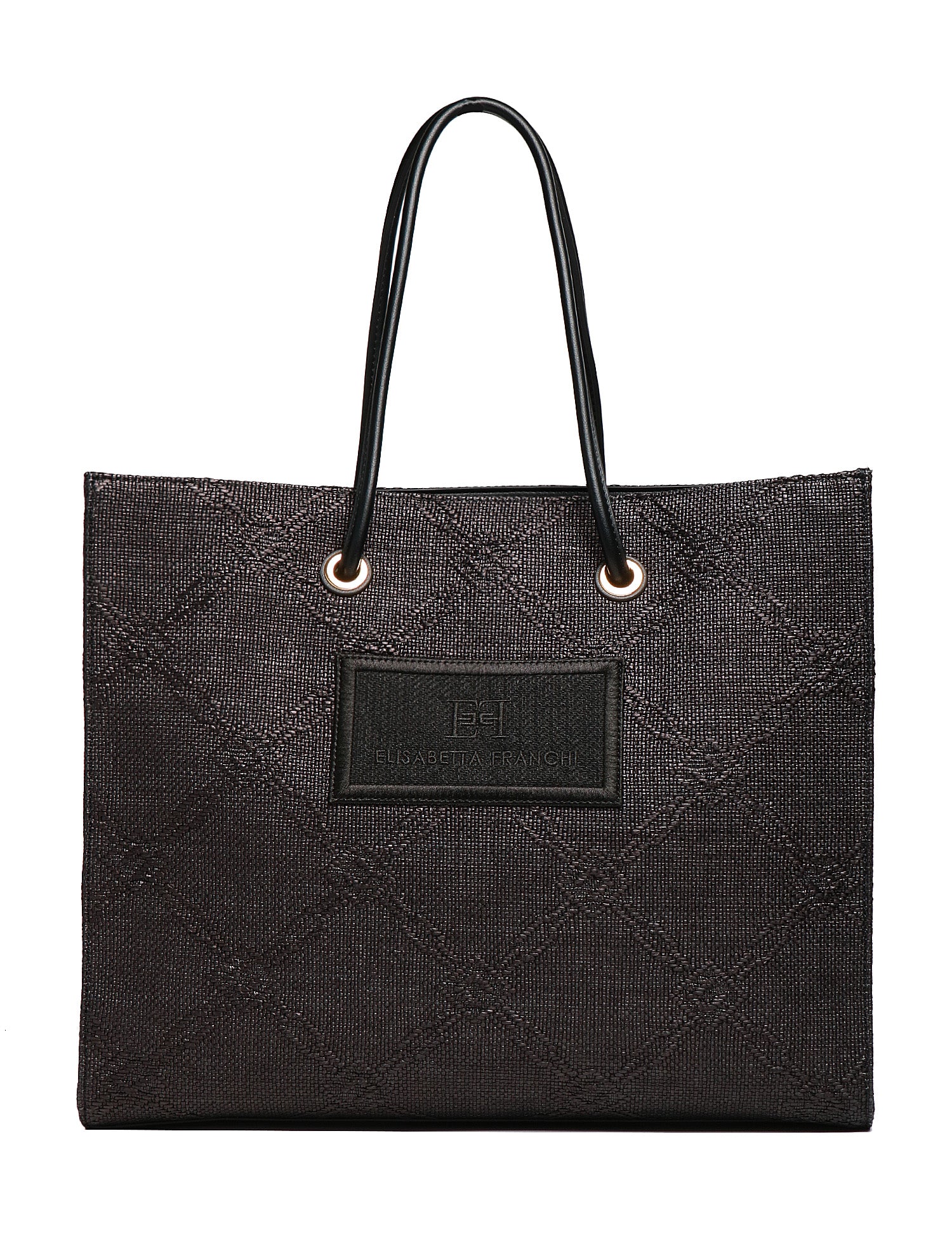 BORSA TOTE DONNA ELISABETTA FRANCHI NERA IN RAFIA JACQUARD CON DETTAGLI IN METALLO DORATO E PATCH LOGO