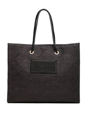 BORSA TOTE DONNA ELISABETTA FRANCHI NERA IN RAFIA JACQUARD CON DETTAGLI IN METALLO DORATO E PATCH LOGO