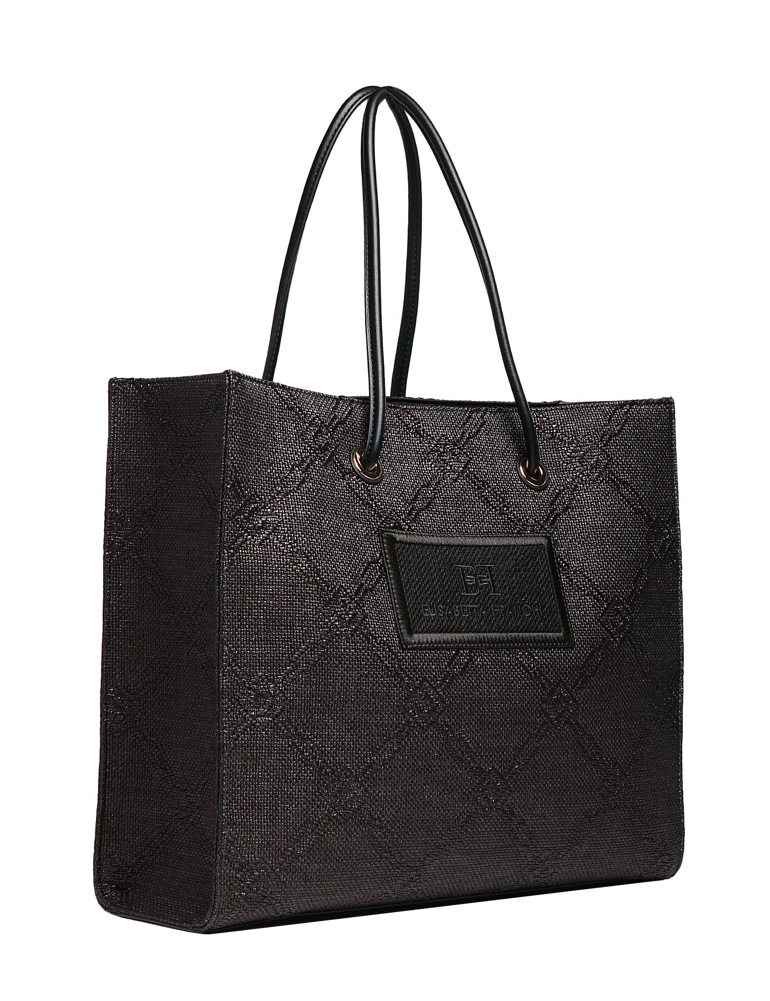 BORSA TOTE DONNA ELISABETTA FRANCHI NERA IN RAFIA JACQUARD CON DETTAGLI IN METALLO DORATO E PATCH LOGO