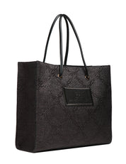BORSA TOTE DONNA ELISABETTA FRANCHI NERA IN RAFIA JACQUARD CON DETTAGLI IN METALLO DORATO E PATCH LOGO