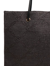 BORSA TOTE DONNA ELISABETTA FRANCHI NERA IN RAFIA JACQUARD CON DETTAGLI IN METALLO DORATO E PATCH LOGO