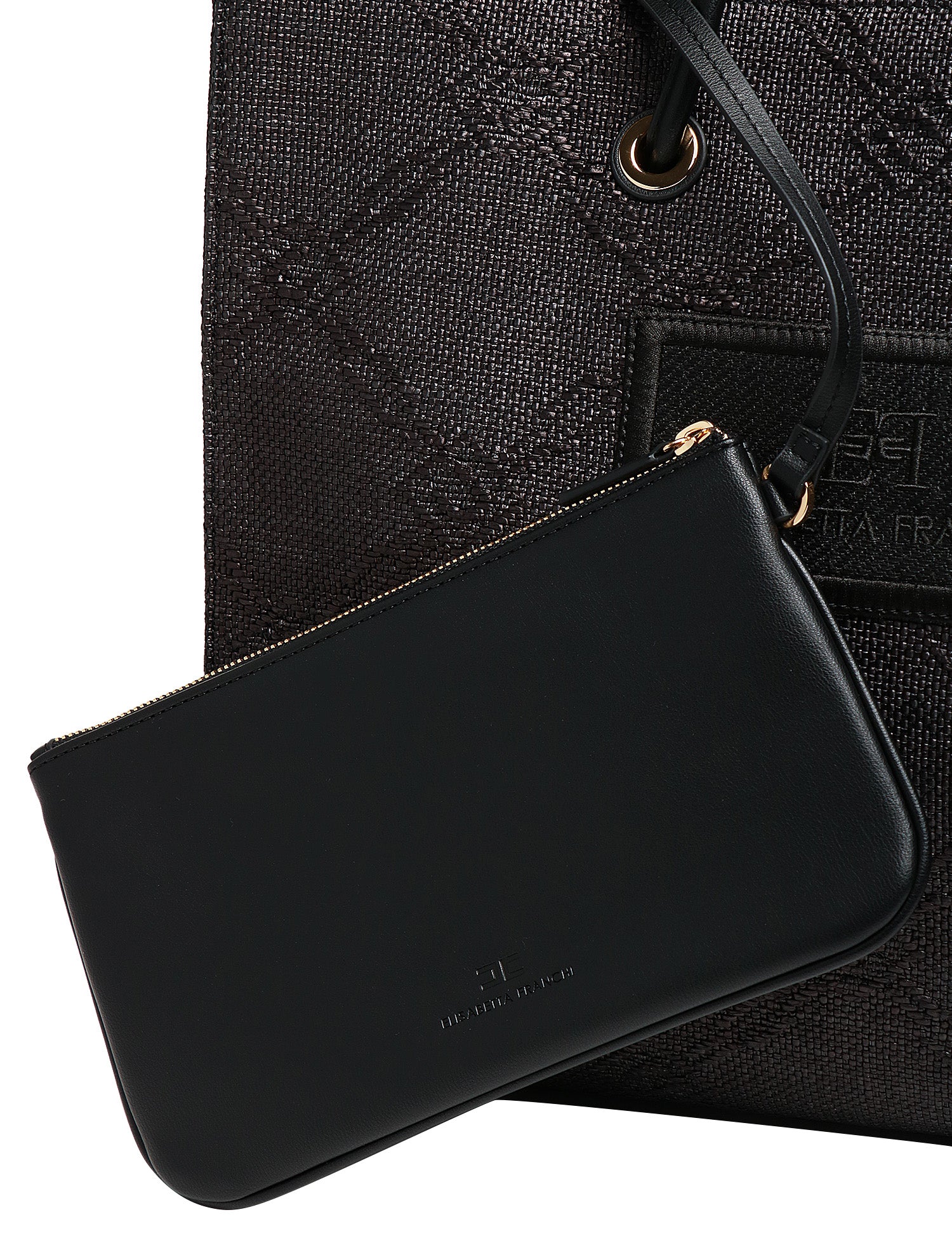 BORSA TOTE DONNA ELISABETTA FRANCHI NERA IN RAFIA JACQUARD CON DETTAGLI IN METALLO DORATO E PATCH LOGO