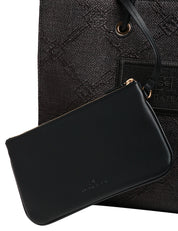 BORSA TOTE DONNA ELISABETTA FRANCHI NERA IN RAFIA JACQUARD CON DETTAGLI IN METALLO DORATO E PATCH LOGO