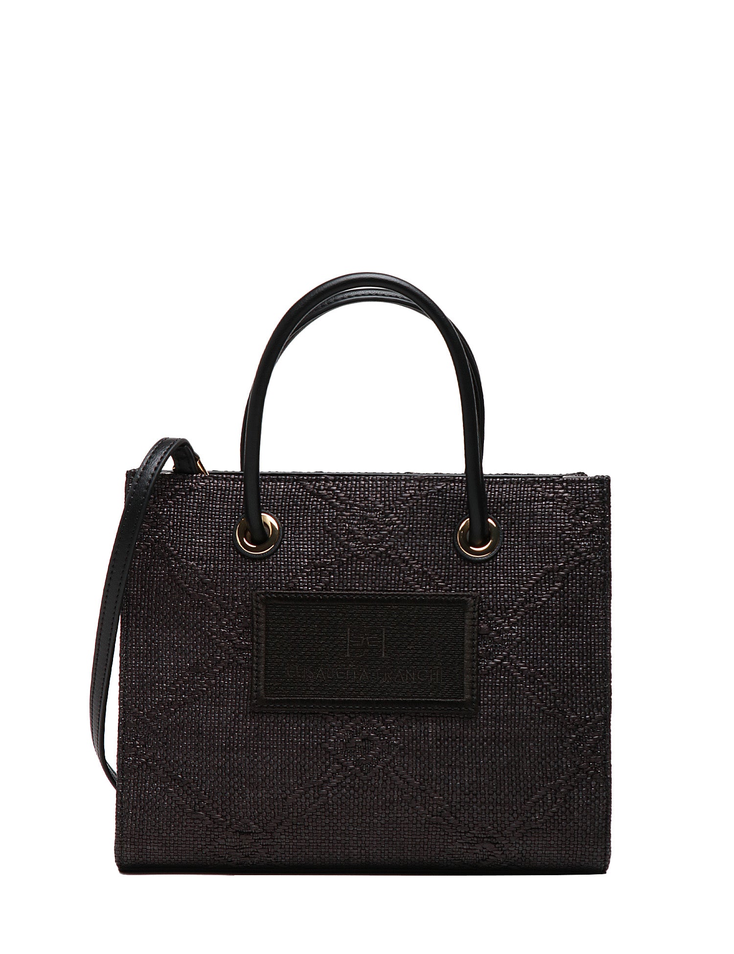 BORSATOTE DONNA ELISABETTA FRANCHI NERA IN RAFIA JACQUARD E PATCH CON LOGO RICAMATO DAVANTI