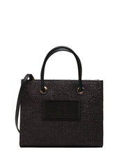 BORSATOTE DONNA ELISABETTA FRANCHI NERA IN RAFIA JACQUARD E PATCH CON LOGO RICAMATO DAVANTI