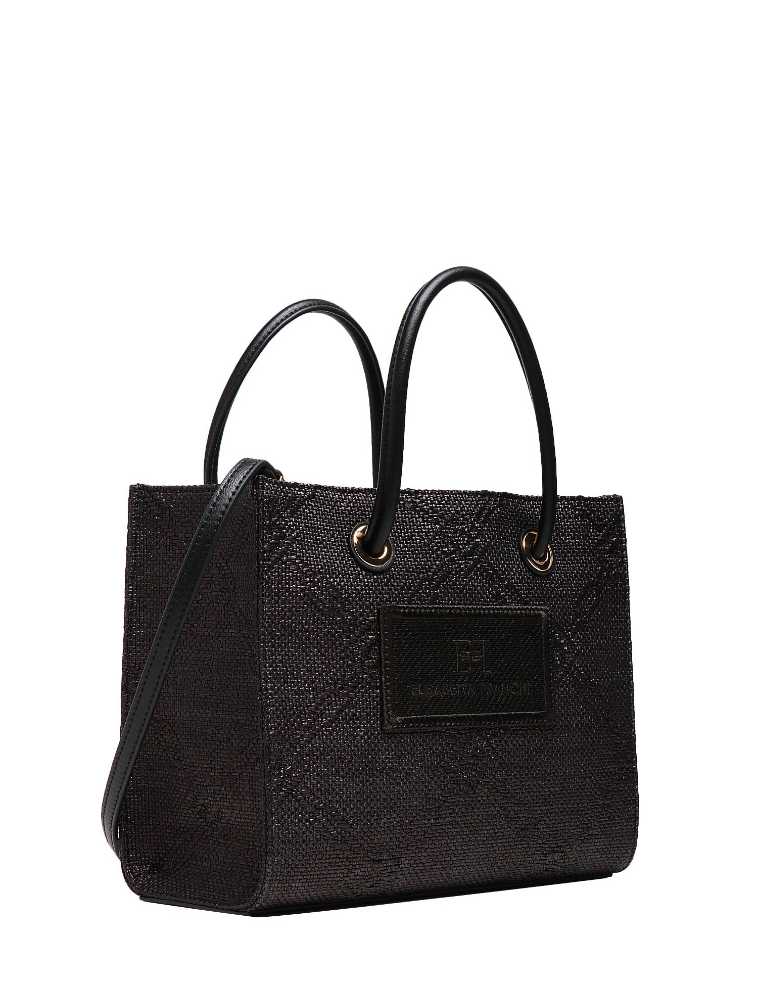 BORSATOTE DONNA ELISABETTA FRANCHI NERA IN RAFIA JACQUARD E PATCH CON LOGO RICAMATO DAVANTI