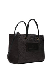 BORSATOTE DONNA ELISABETTA FRANCHI NERA IN RAFIA JACQUARD E PATCH CON LOGO RICAMATO DAVANTI