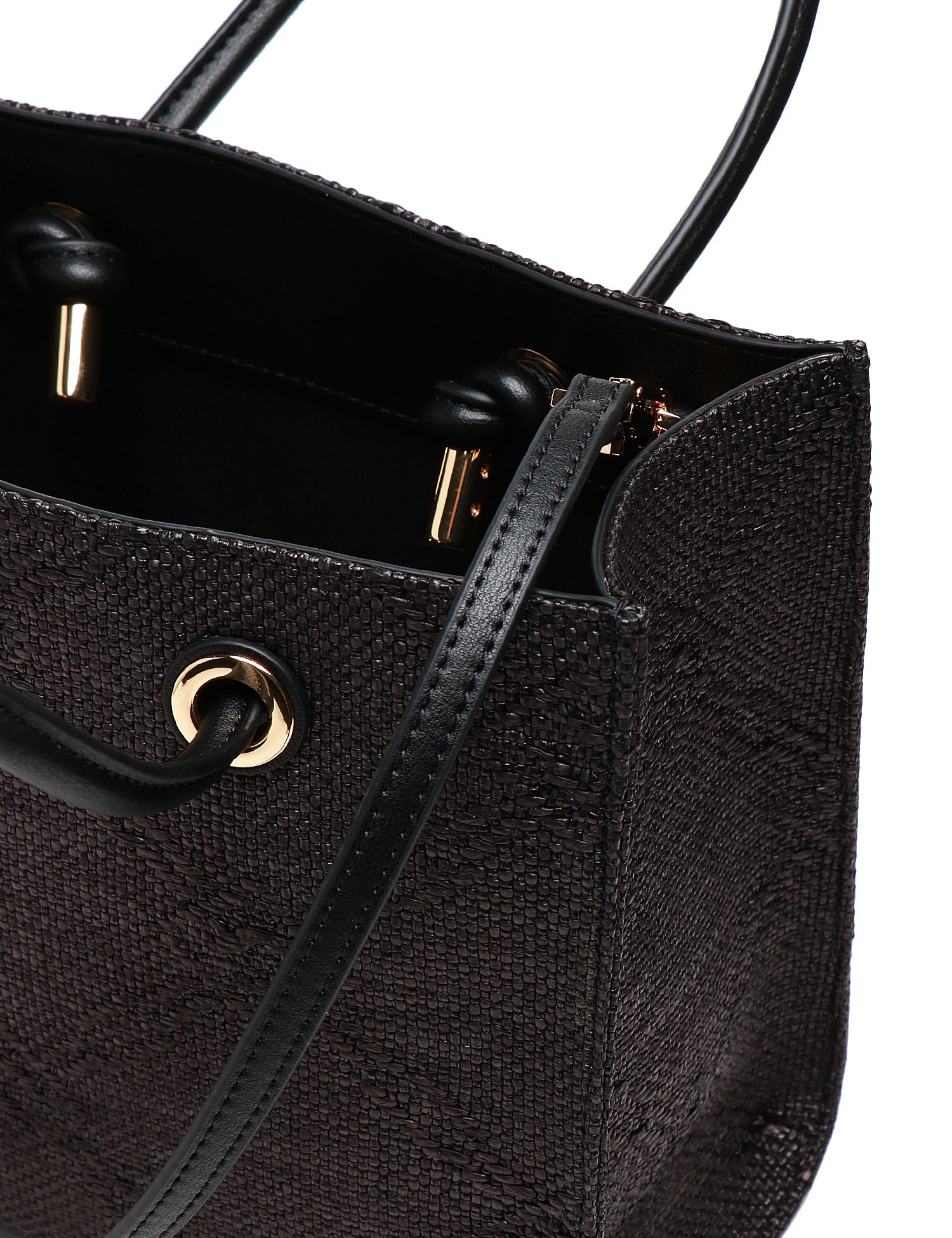 BORSATOTE DONNA ELISABETTA FRANCHI NERA IN RAFIA JACQUARD E PATCH CON LOGO RICAMATO DAVANTI
