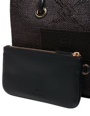 BORSATOTE DONNA ELISABETTA FRANCHI NERA IN RAFIA JACQUARD E PATCH CON LOGO RICAMATO DAVANTI