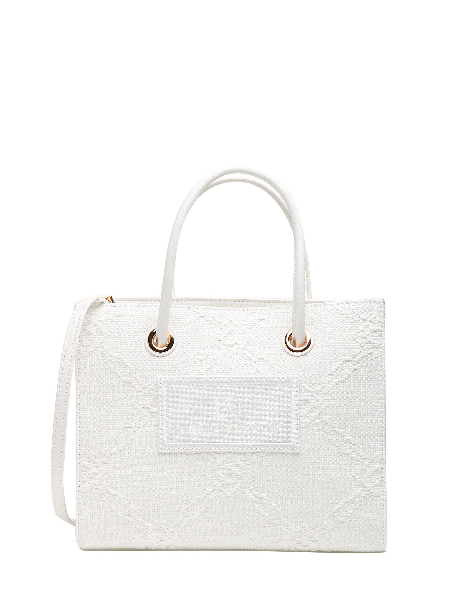 BORSA TOTE DONNA ELISABETTA FRANCHI AVORIO IN RAFIA JACQUARD CON PATCH LOGATA DAVANTI