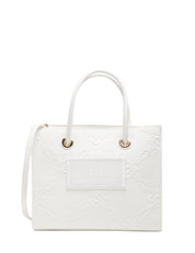 BORSA TOTE DONNA ELISABETTA FRANCHI AVORIO IN RAFIA JACQUARD CON PATCH LOGATA DAVANTI
