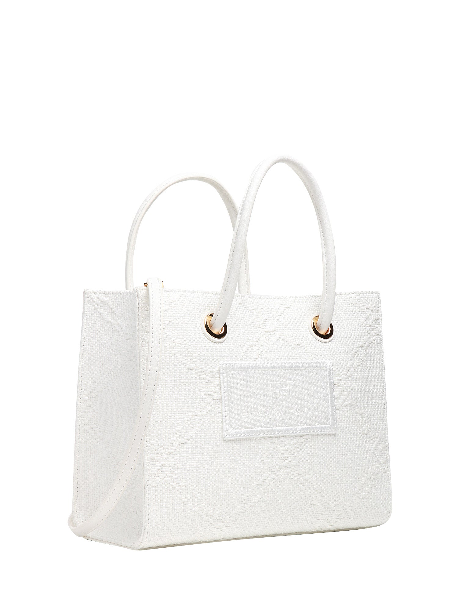 BORSA TOTE DONNA ELISABETTA FRANCHI AVORIO IN RAFIA JACQUARD CON PATCH LOGATA DAVANTI