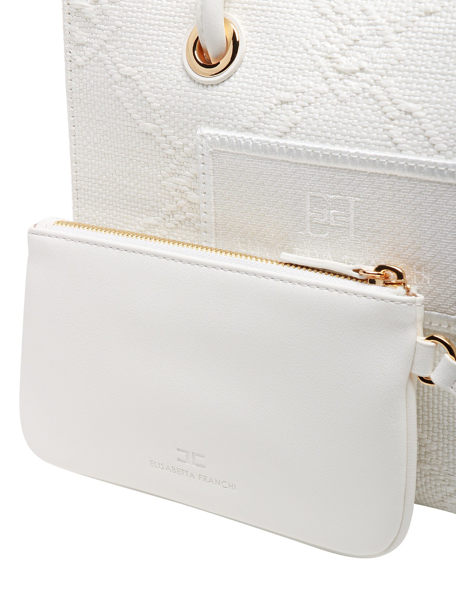 BORSA TOTE DONNA ELISABETTA FRANCHI AVORIO IN RAFIA JACQUARD CON PATCH LOGATA DAVANTI
