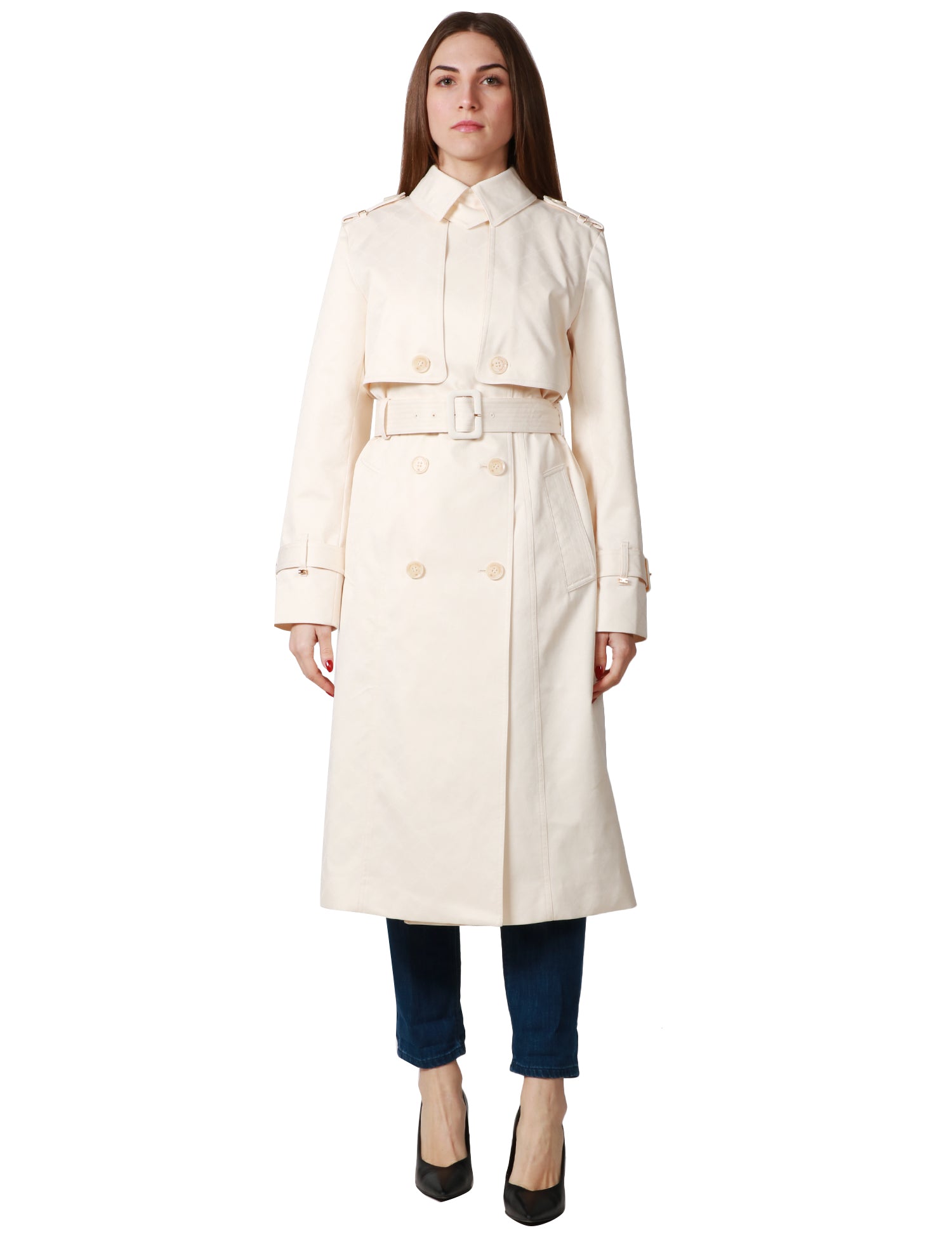 CAPPOTTO TRENCH DONNA ELISABETTA FRANCHI BURRO DOPPIOPETTO IN TESSUTO VELA JACQUARD LOGATO CON CINTURA
