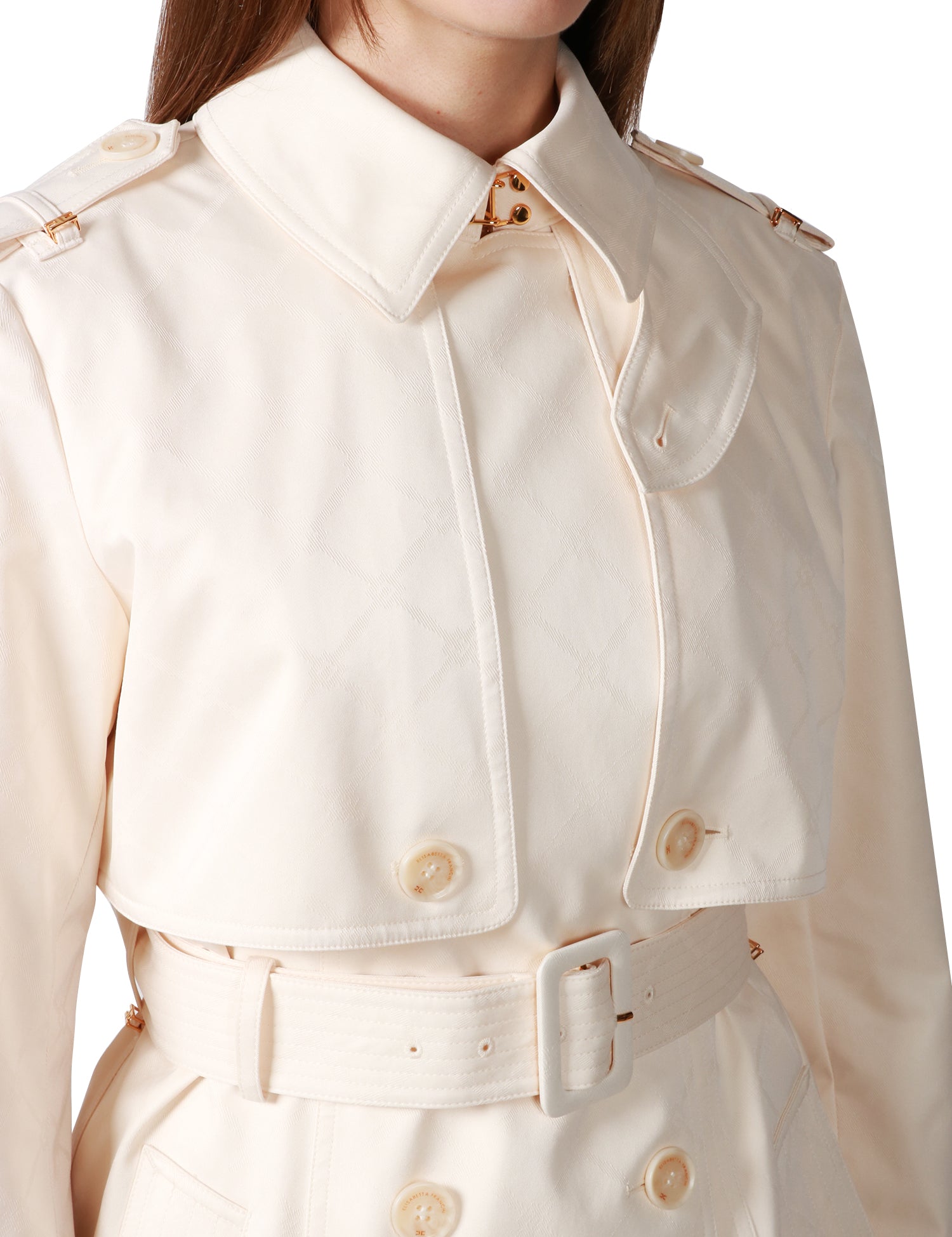 CAPPOTTO TRENCH DONNA ELISABETTA FRANCHI BURRO DOPPIOPETTO IN TESSUTO VELA JACQUARD LOGATO CON CINTURA