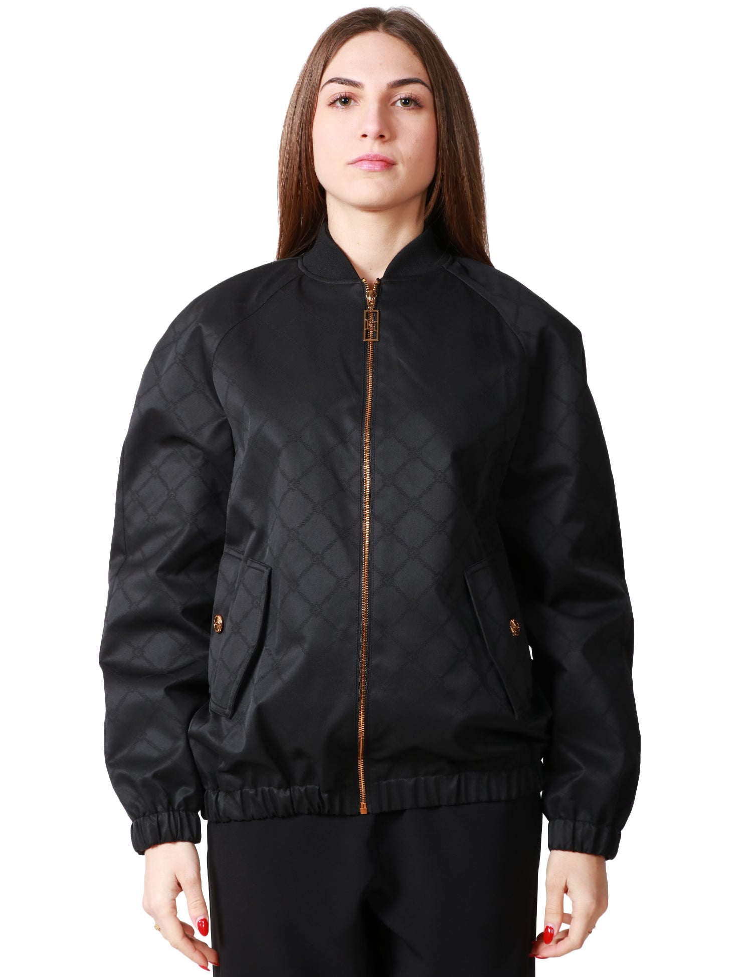 GIUBBOTTO DONNA ELISABETTA FRANCHI NERO IN TESSUTO JACQUARD LOGATO CON COLLO IN MAGLIA, ZIP E TASCHE