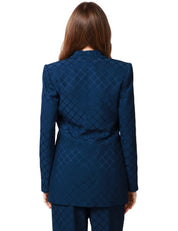 GIACCA DONNA ELISABETTA FRANCHI OLTREMARE IN SATIN CON SPALLE STRUTTURATE E LAVORAZIONE JACQUARD CON MOTIVO LOSANGHE