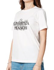 T-SHIRT DONNA ELISABETTA FRANCHI GESSO CON STAMPA LOGO E RICAMO A CONTRASTO SUL DAVANTI