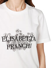 T-SHIRT DONNA ELISABETTA FRANCHI GESSO CON STAMPA LOGO E RICAMO A CONTRASTO SUL DAVANTI