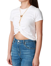 T-SHIRT DONNA ELISABETTA FRANCHI BIANCA CROPPED CON COLLANA FIOCCO E ARRICCIATURA CENTRALE