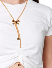 T-SHIRT DONNA ELISABETTA FRANCHI BIANCA CROPPED CON COLLANA FIOCCO E ARRICCIATURA CENTRALE