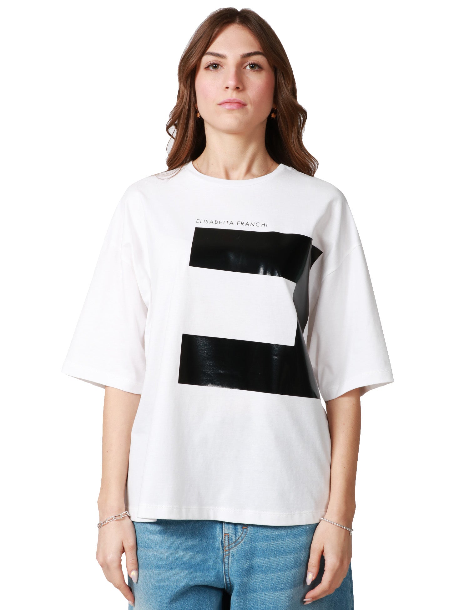 T-SHIRT OVER DONNA ELISABETTA FRANCHI GESSO CON MAXI LOGO A CONTRASTO STAMPATO DAVANTI E DIETRO