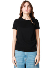 T-SHIRT DONNA ELISABETTA FRANCHI NERA IN JERSEY DI COTONE CON SPILLA GIOIELLO