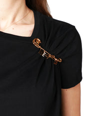T-SHIRT DONNA ELISABETTA FRANCHI NERA IN JERSEY DI COTONE CON SPILLA GIOIELLO