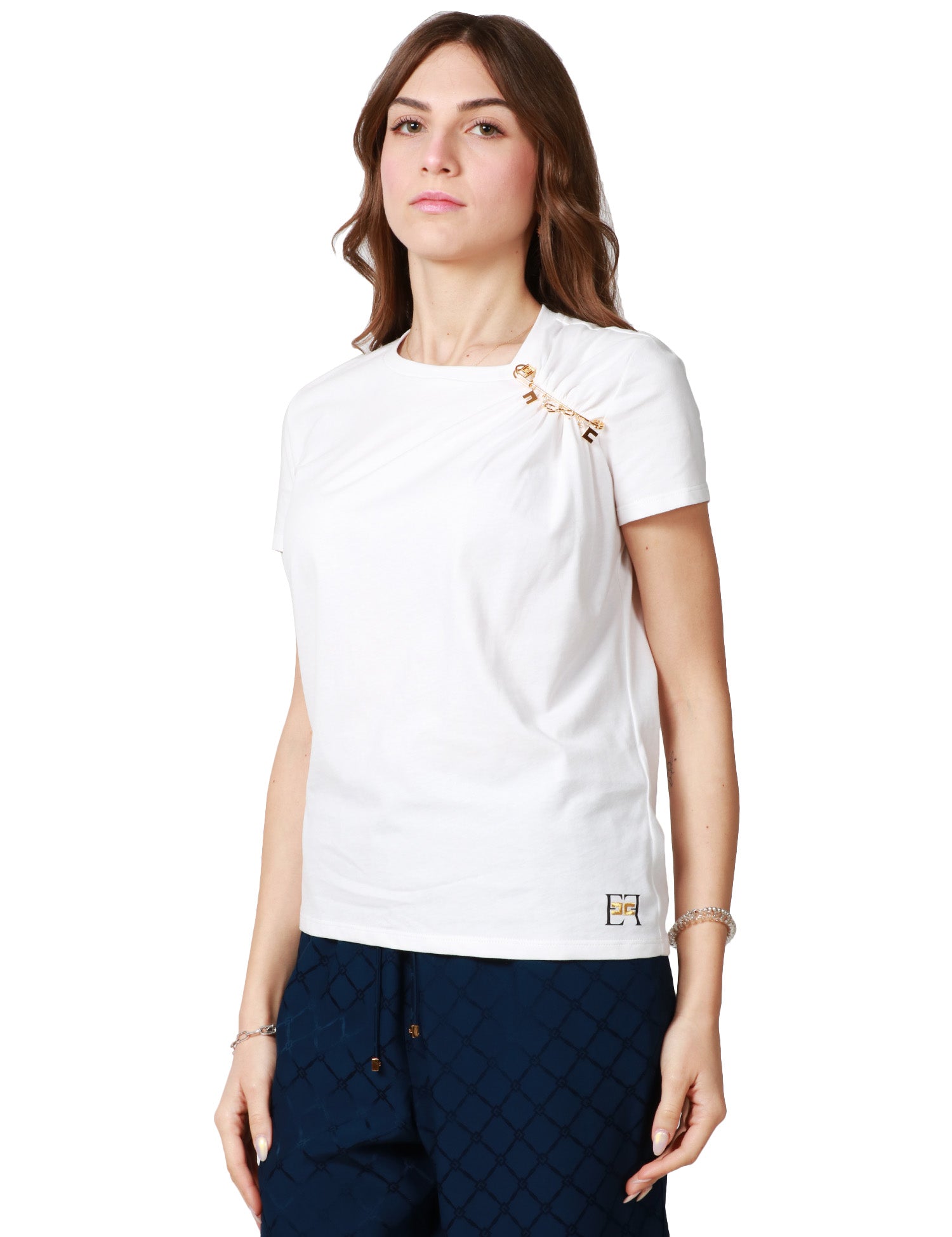 T-SHIRT DONNA ELISABETTA FRANCHI GESSO IN JERSEY CON SPILLA GIOIELLO