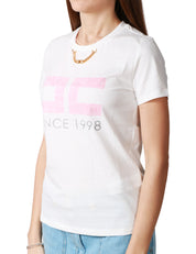 T-SHIRT DONNA ELISABETTA FRANCHI BIANCA CON STAMPA LOGO ROSA E COLLANA
