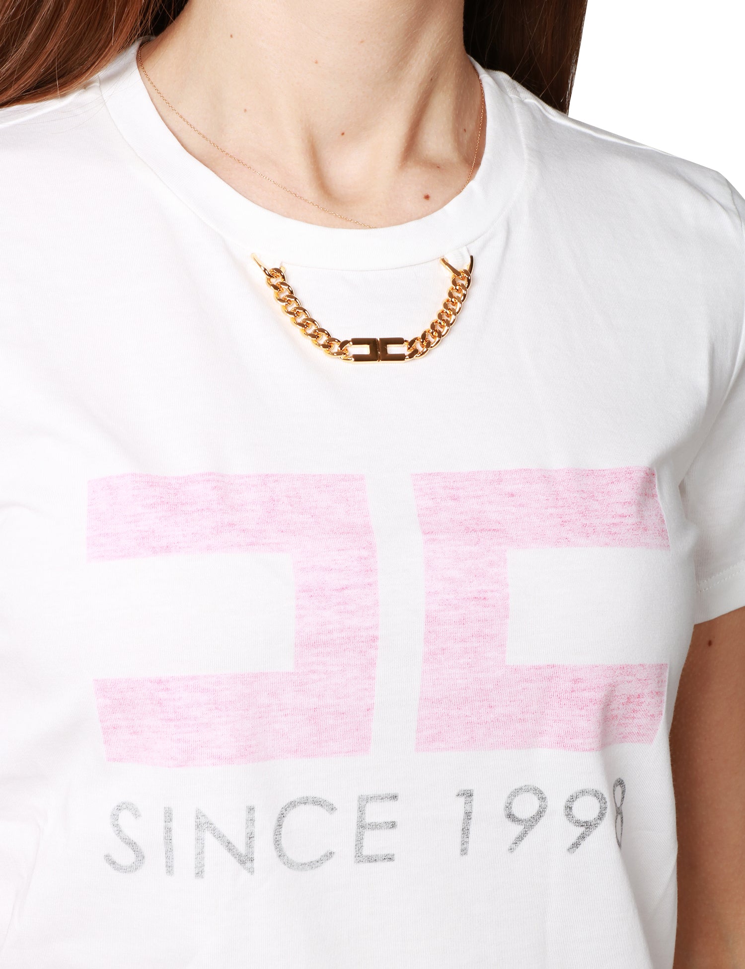 T-SHIRT DONNA ELISABETTA FRANCHI BIANCA CON STAMPA LOGO ROSA E COLLANA
