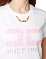 T-SHIRT DONNA ELISABETTA FRANCHI BIANCA CON STAMPA LOGO ROSA E COLLANA
