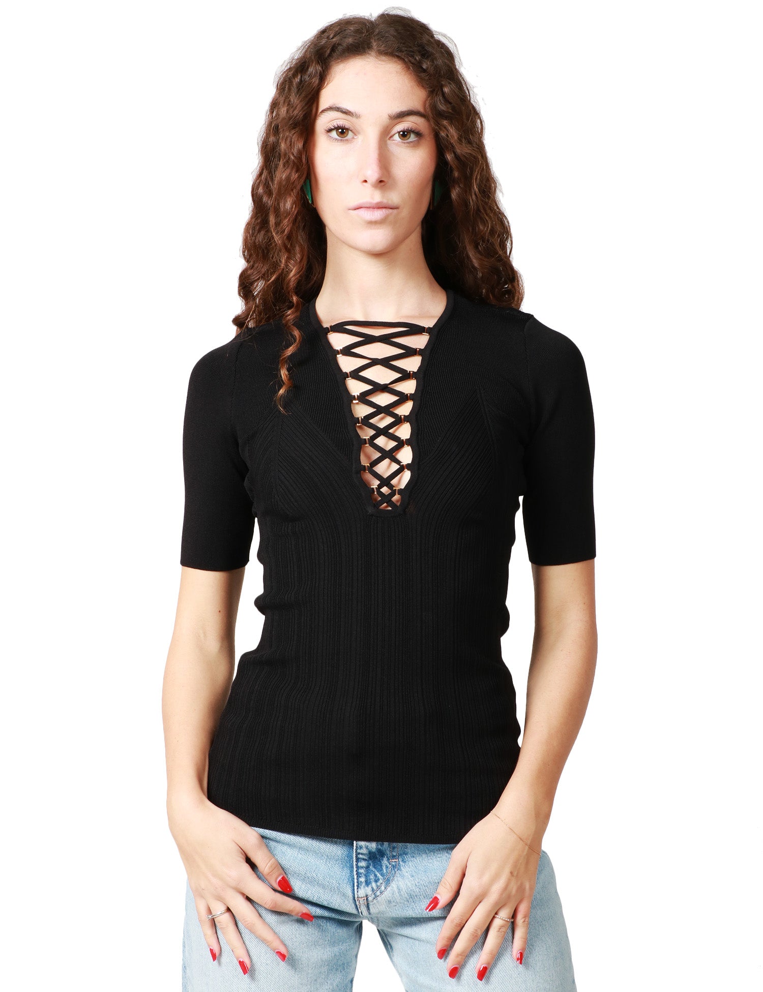 MAGLIA DONNA ELISABETTA FRANCHI A MEZZA MANICA CON LAVORAZIONE A COSTE E LACCI INCROCIATI SULLO SCOLLO