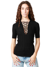 MAGLIA DONNA ELISABETTA FRANCHI A MEZZA MANICA CON LAVORAZIONE A COSTE E LACCI INCROCIATI SULLO SCOLLO