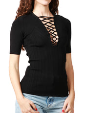MAGLIA DONNA ELISABETTA FRANCHI A MEZZA MANICA CON LAVORAZIONE A COSTE E LACCI INCROCIATI SULLO SCOLLO