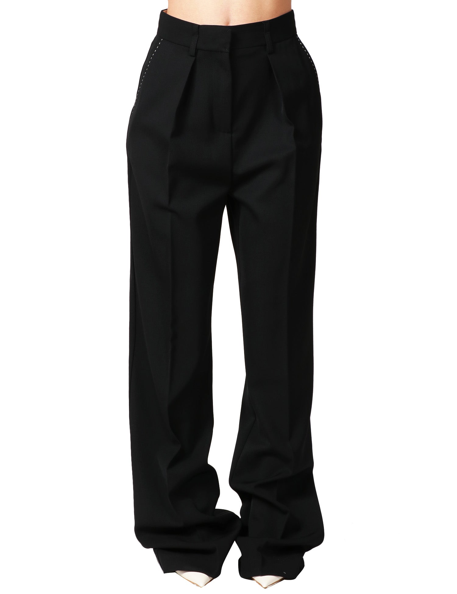 PANTALONE DONNA ELISABETTA FRANCHI NERO IN FRESCO LANA CON IMPUNTURE A CONTRASTO E PINCES DAVANTI