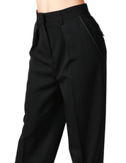 PANTALONE DONNA ELISABETTA FRANCHI NERO IN FRESCO LANA CON IMPUNTURE A CONTRASTO E PINCES DAVANTI