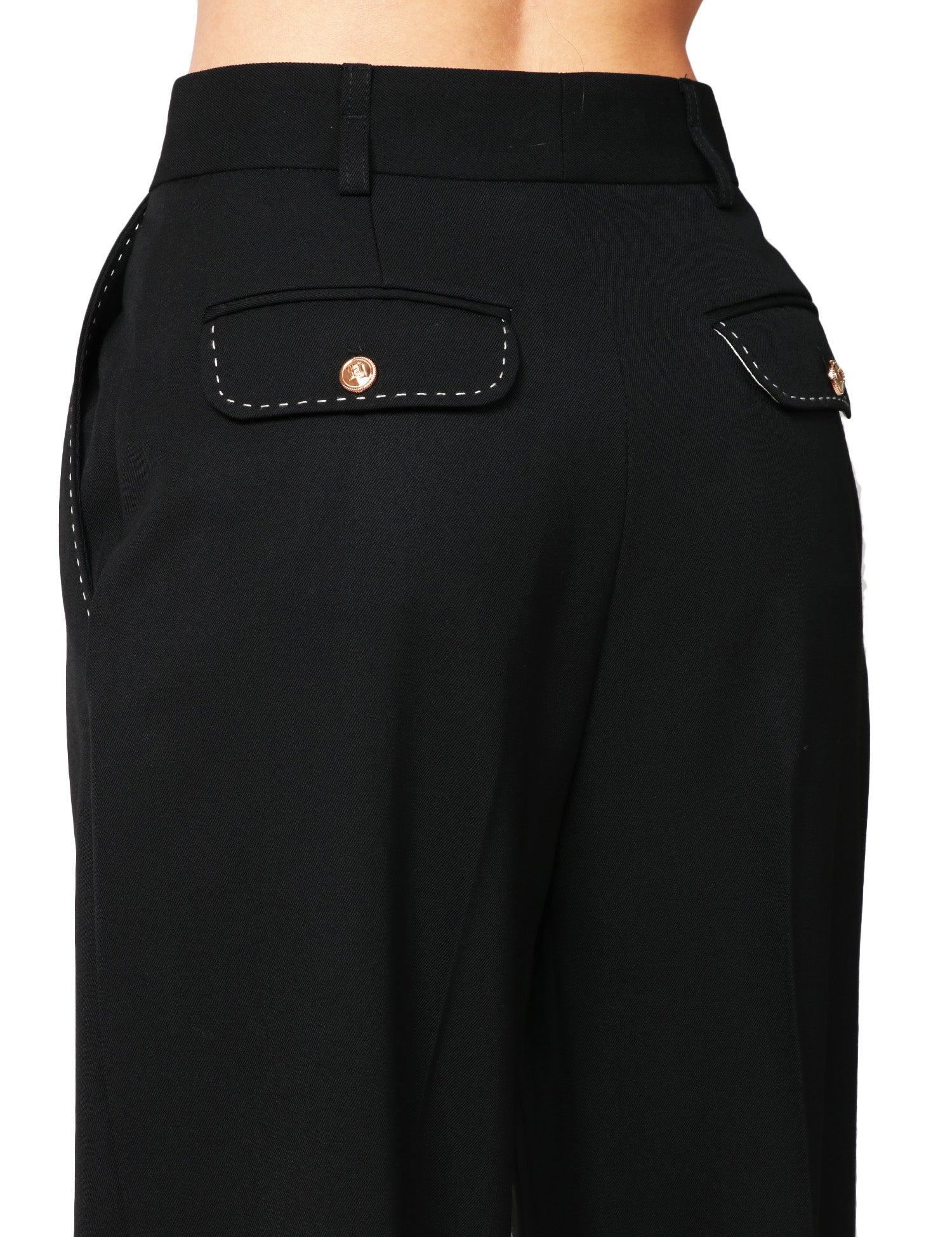 PANTALONE DONNA ELISABETTA FRANCHI NERO IN FRESCO LANA CON IMPUNTURE A CONTRASTO E PINCES DAVANTI