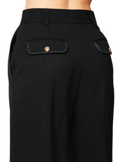 PANTALONE DONNA ELISABETTA FRANCHI NERO IN FRESCO LANA CON IMPUNTURE A CONTRASTO E PINCES DAVANTI