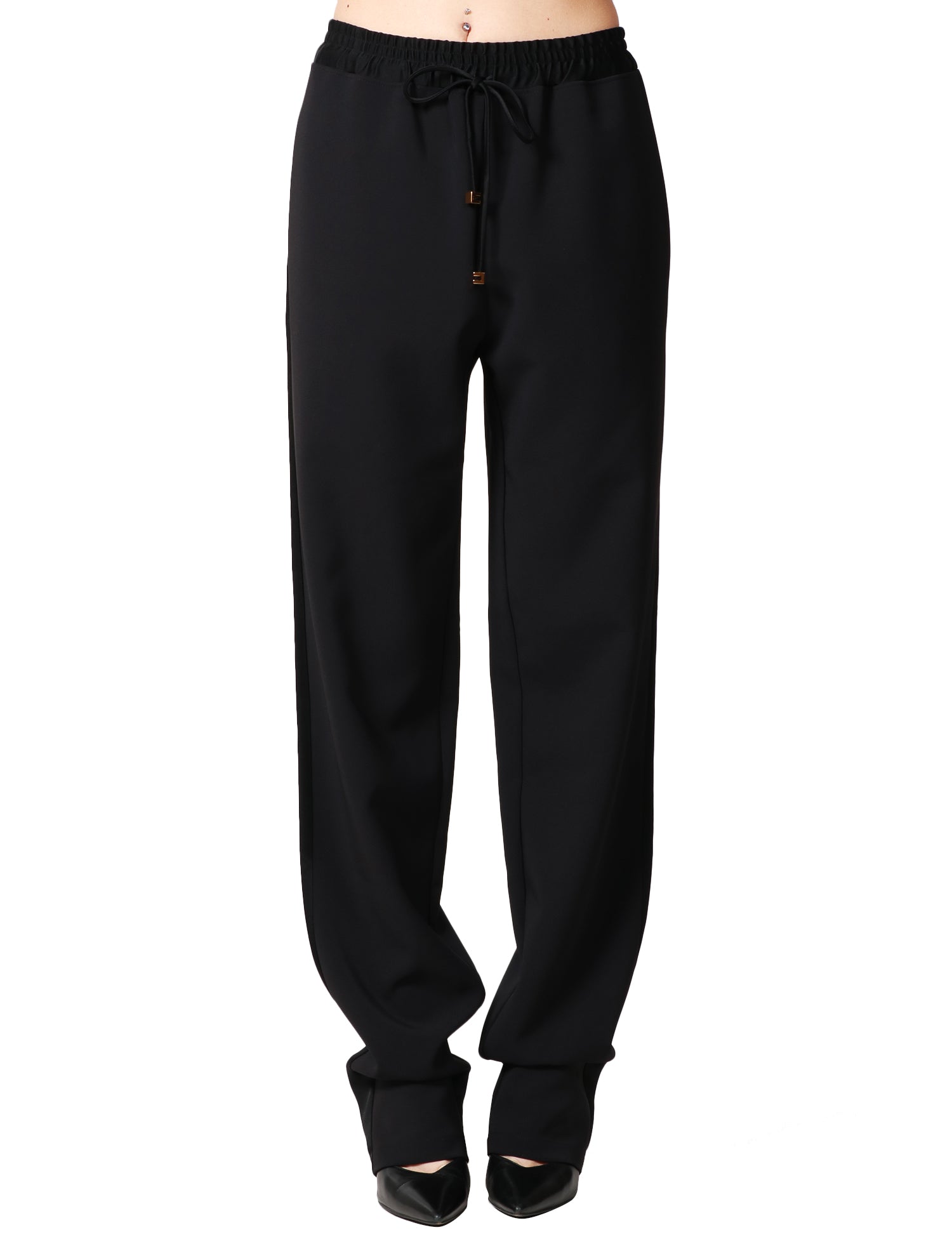 PANTALONE DONNA ELISABETTA FRANCHI NERO IN CRèPE LEGGERO CON COULISSE E BANDE LATERALI IN RASO