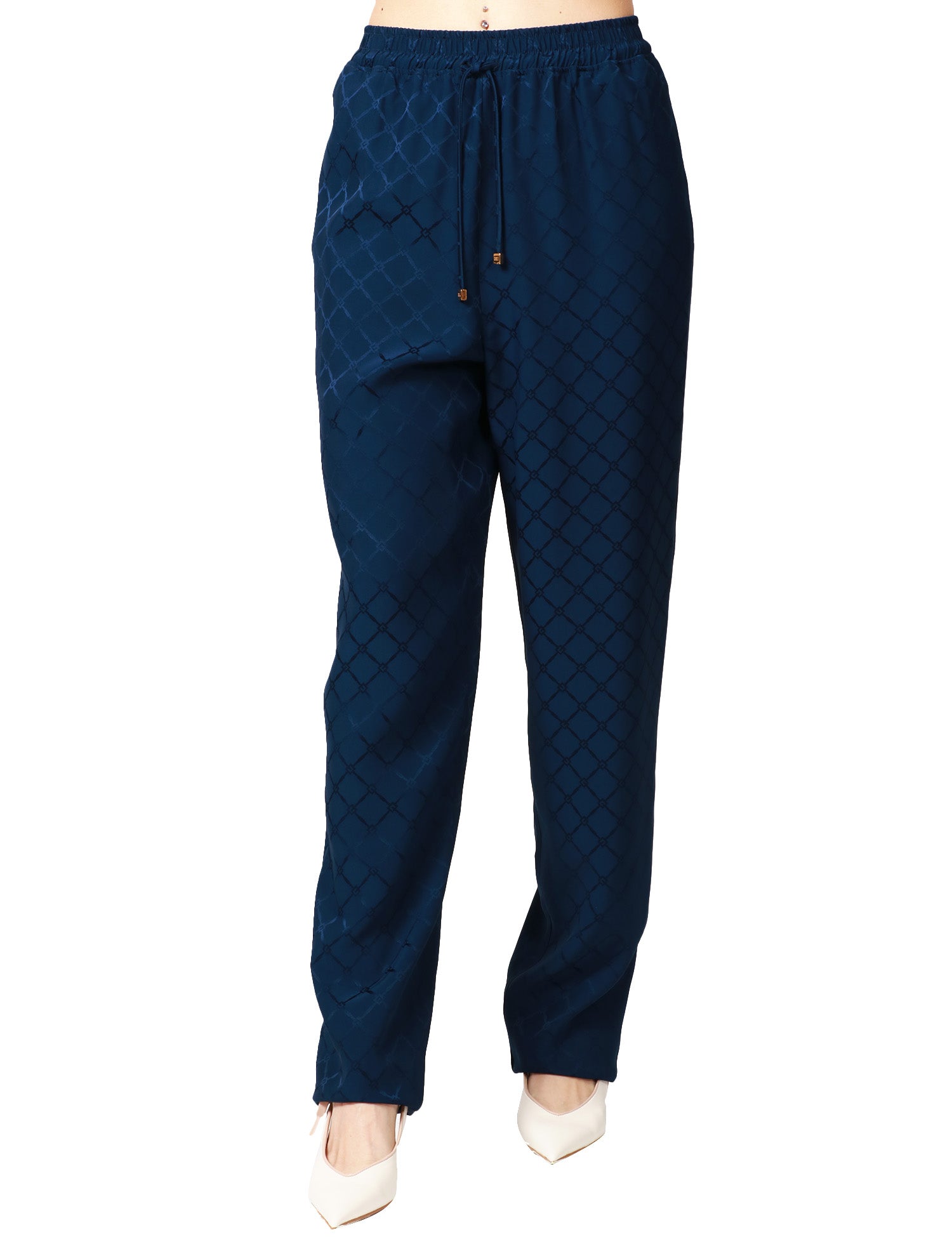 PANTALONE JOGGER DONNA ELISABETTA FRANCHI OLTREMARE IN SATIN CON MOTIVO A LOSANGHE IN JACQUARD E COULISSE