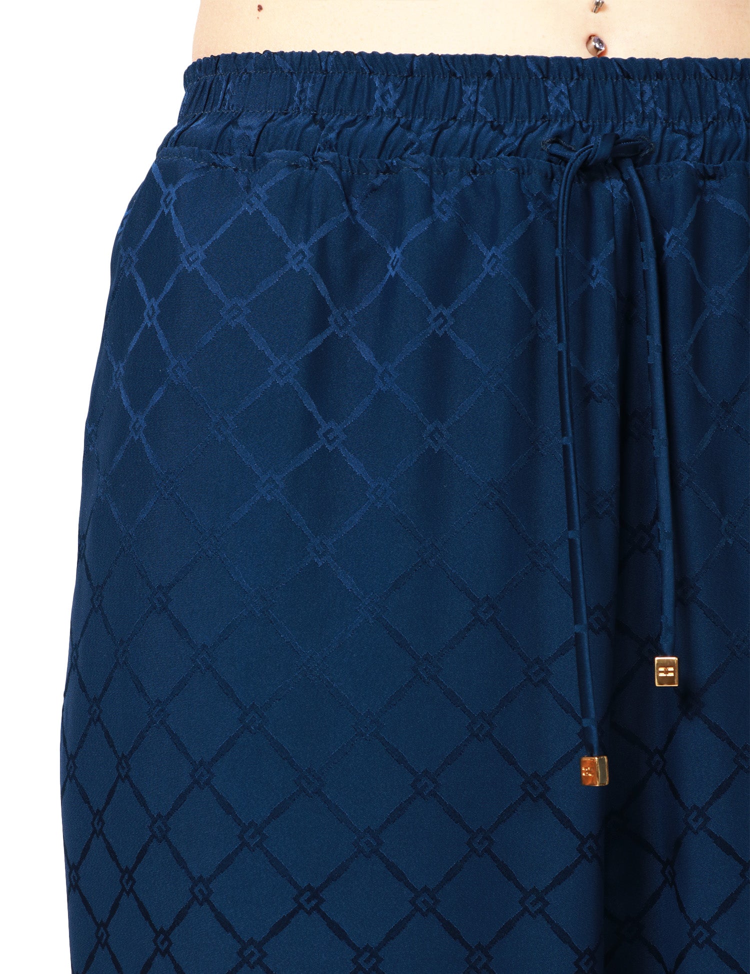 PANTALONE JOGGER DONNA ELISABETTA FRANCHI OLTREMARE IN SATIN CON MOTIVO A LOSANGHE IN JACQUARD E COULISSE
