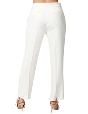 PANTALONE DONNA ELISABETTA FRANCHI AVORIO SLIM CON SPACCHETTI AL FONDO GAMBA E DETTAGLIO GIOIELLO SUL PASSANTE