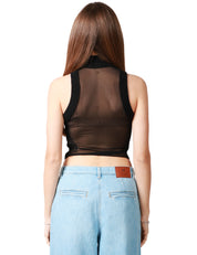 TOP DONNA ELISABETTA FRANCHI NERO IN VISCOSA PUNTO PANNOCCHIA CON DETTAGLIO CENTRALE IN TULLE