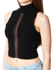 TOP DONNA ELISABETTA FRANCHI NERO IN VISCOSA PUNTO PANNOCCHIA CON DETTAGLIO CENTRALE IN TULLE
