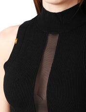 TOP DONNA ELISABETTA FRANCHI NERO IN VISCOSA PUNTO PANNOCCHIA CON DETTAGLIO CENTRALE IN TULLE