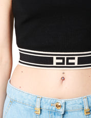 TOP CROPPED DONNA ELISABETTA FRANCHI NERO CON FASCIONE LOGATO SULLA VITA E SCHIENA A VOGATORE IN VISCOSA