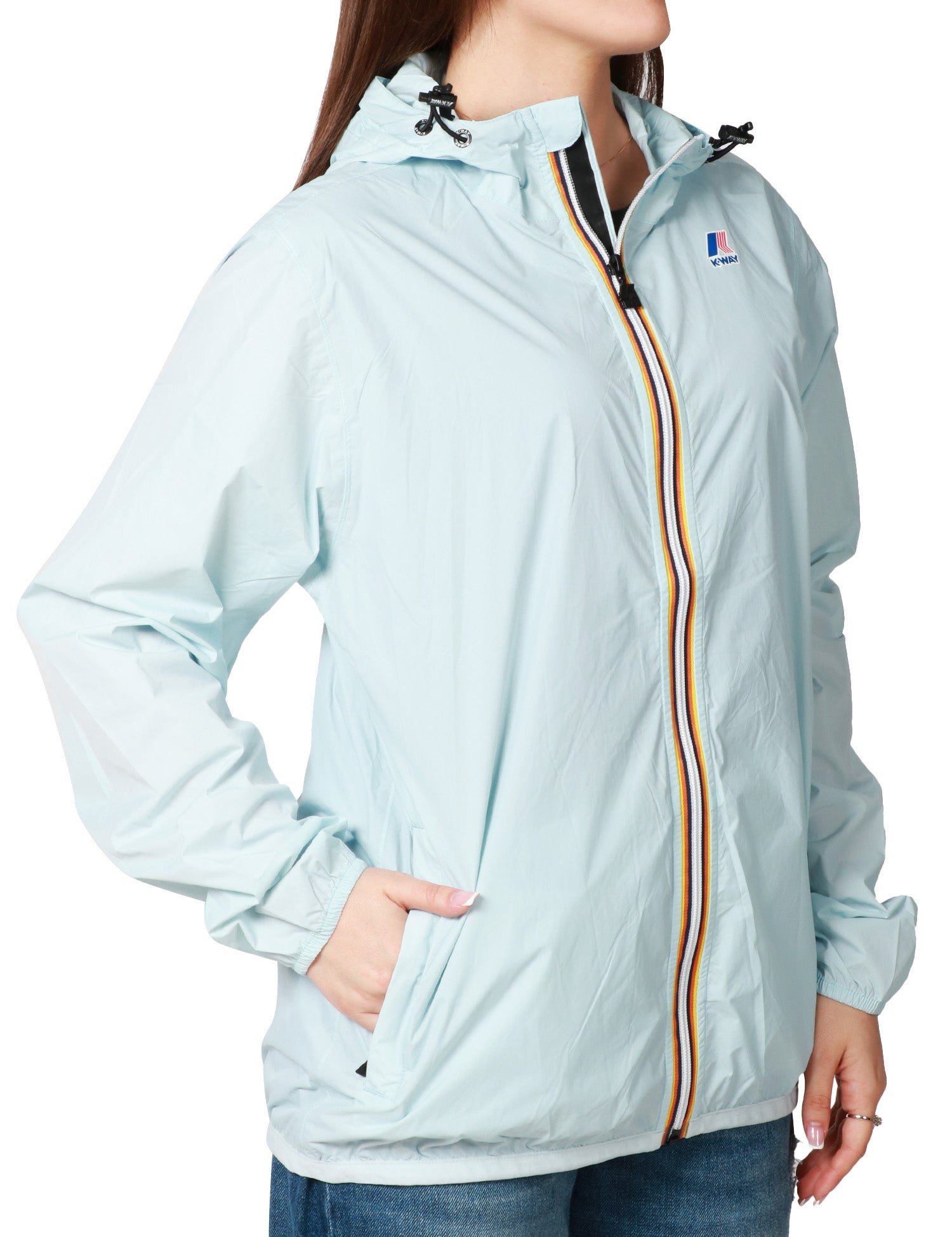 GIUBBINO DONNA K-WAY LE VRAY CLAUDE 4.0 CELESTE IN TESSUTO MICRO RIPSTOP IMPERMEABILE CON ZIP E CAPPUCCIO