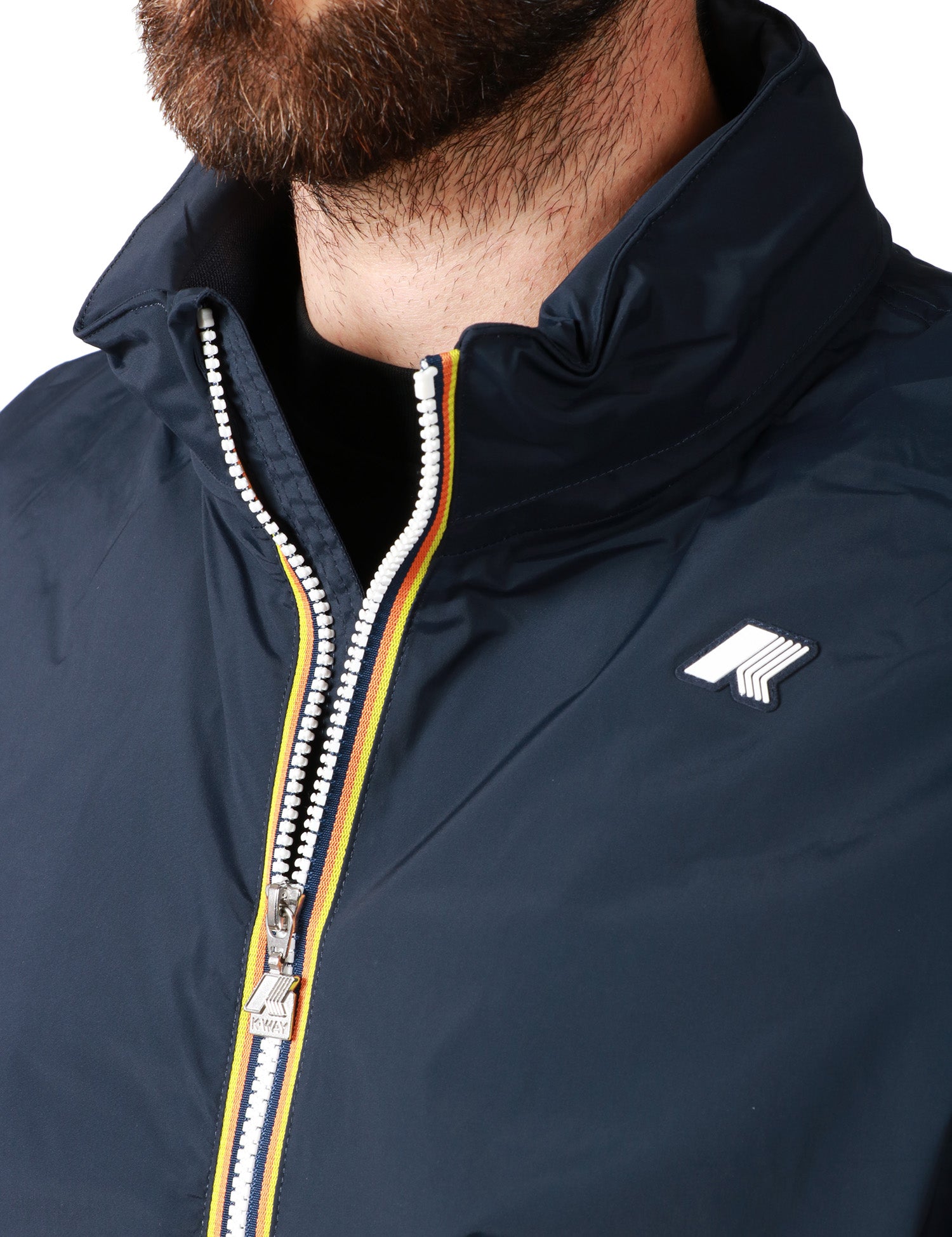 GIUBBINO UOMO K-WAY AMAURY BLU IN NYLON STRETCH IMPERMEABILE CON CAPPUCCIO A SCOMPARSA E BORDI A COSTINA